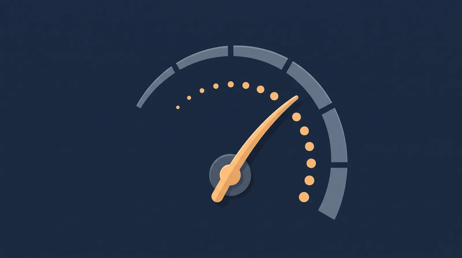 Editorial close-up illustration showing a speedometer gauge with a resting needle, clean tick marks and small trailing dots.