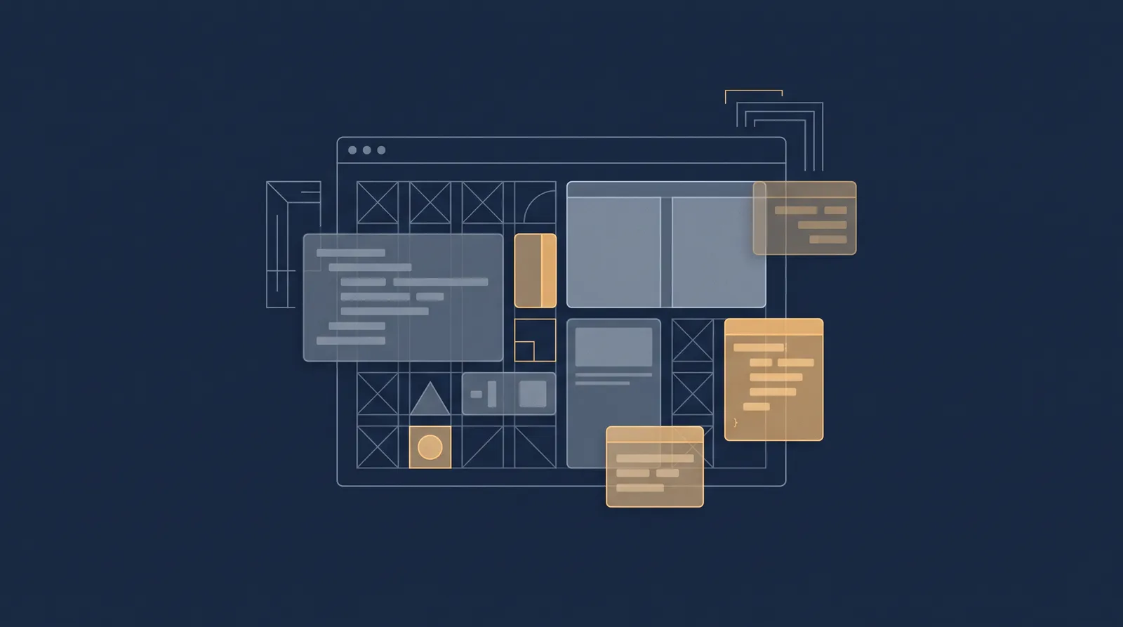 Flat editorial illustration showing wireframe bricks and translucent layer panels assembling into a small browser window outline with dual panes.