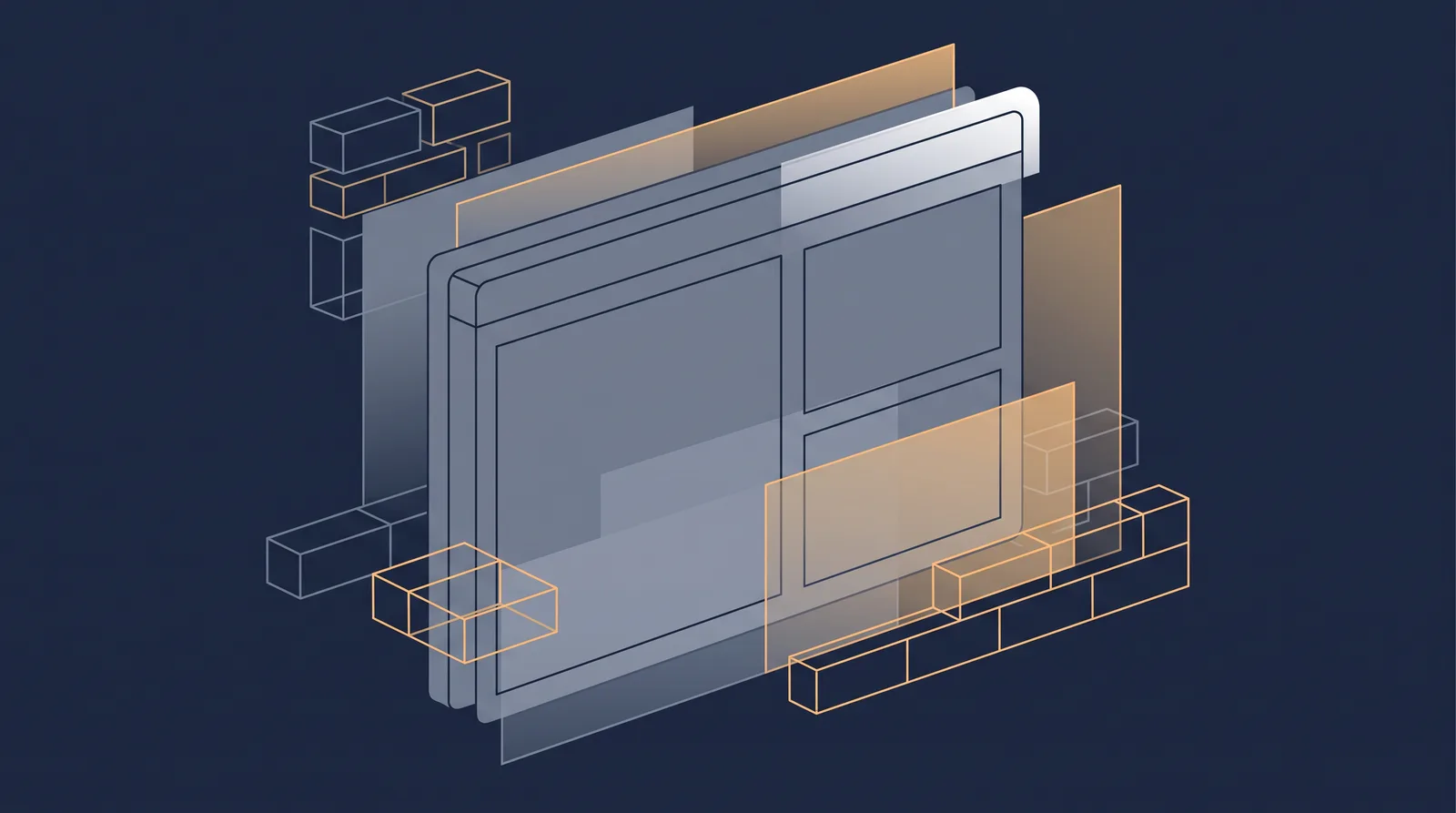 Editorial close-up illustration showing wireframe bricks and translucent layer panels assembling into a small browser window outline with dual panes.