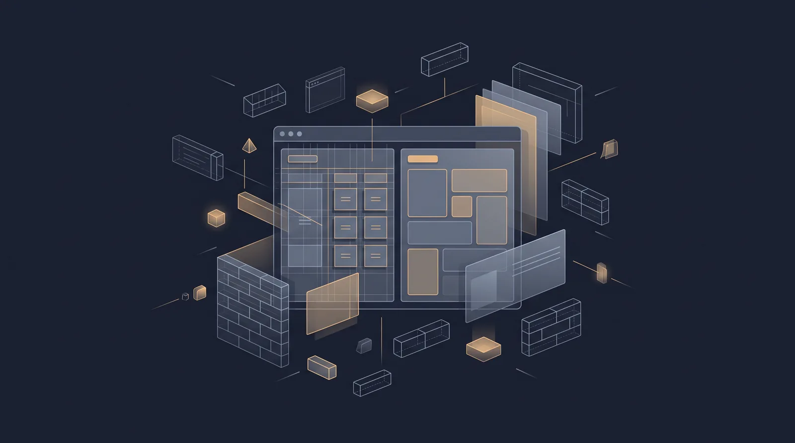 Flat editorial illustration showing wireframe bricks and translucent layer panels assembling into a small browser window outline with dual panes.