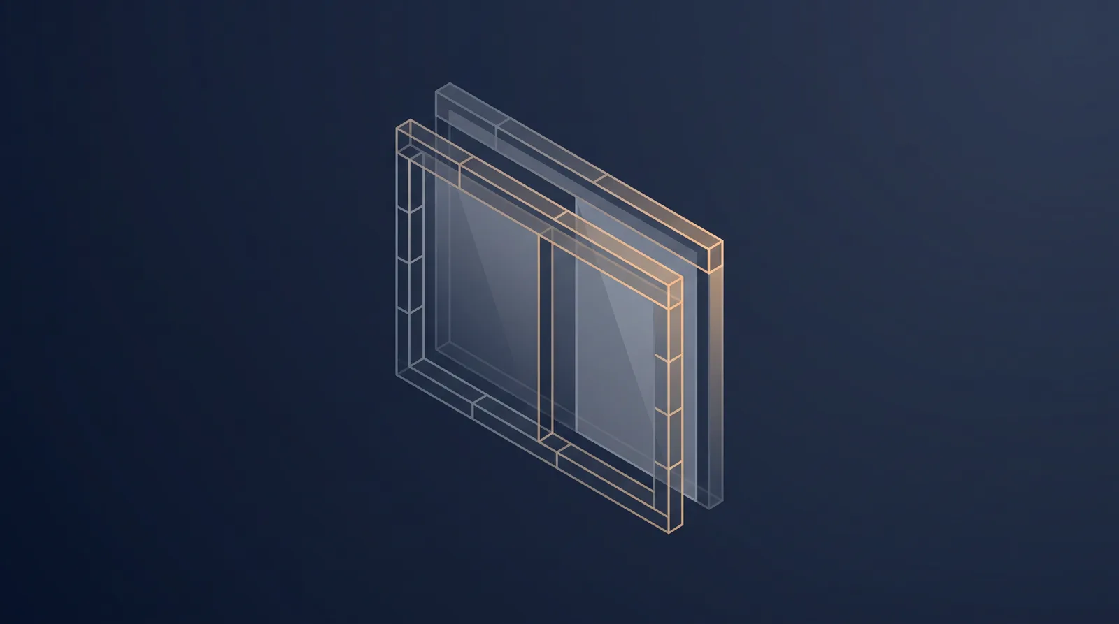 Editorial close-up illustration showing wireframe bricks and translucent layer panels assembling into a small browser window outline with dual panes.