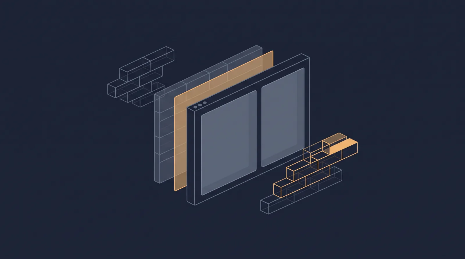 Flat editorial illustration showing wireframe bricks and translucent layer panels assembling into a small browser window outline with dual panes.