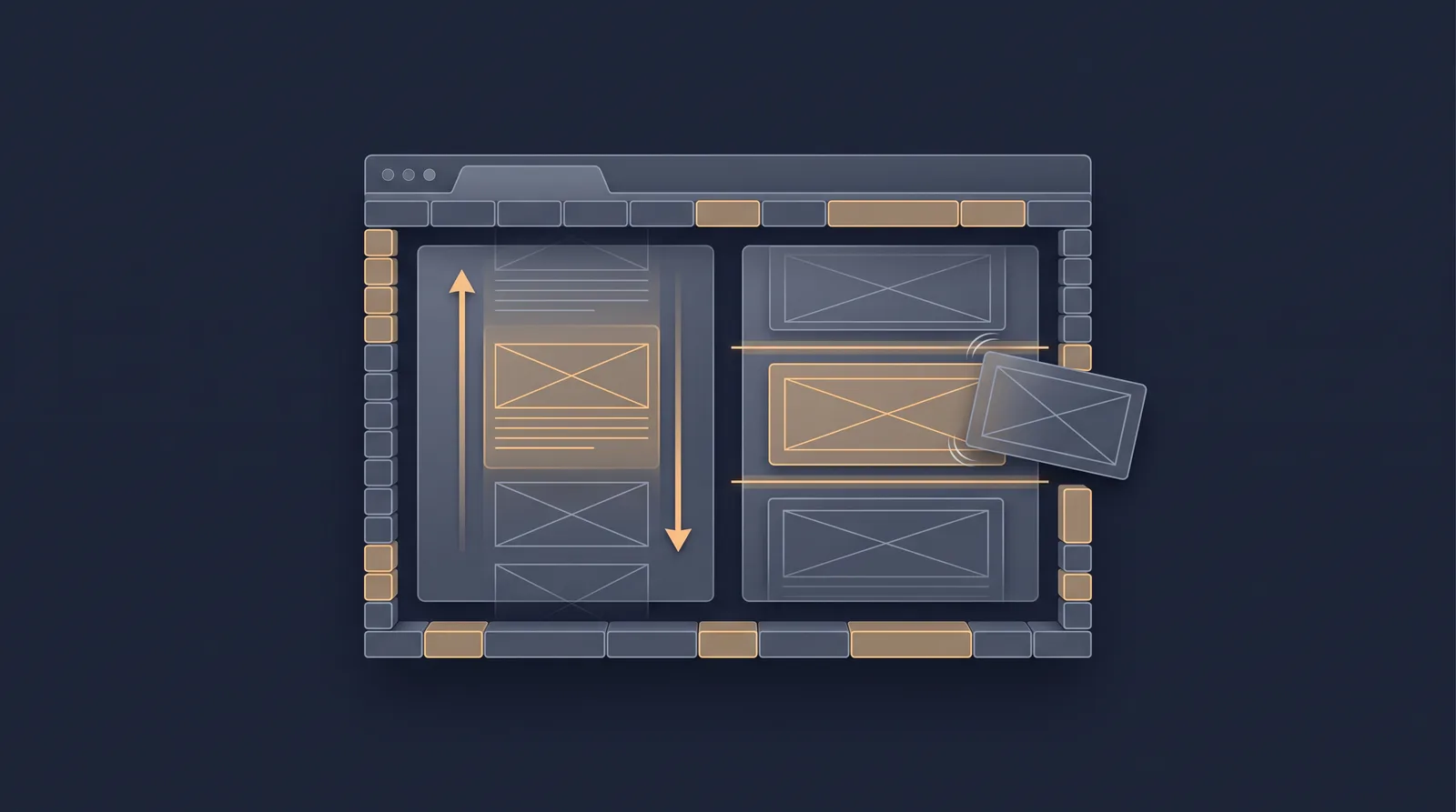 Flat editorial illustration showing wireframe bricks and translucent layer panels assembling into a small browser window outline with dual panes.