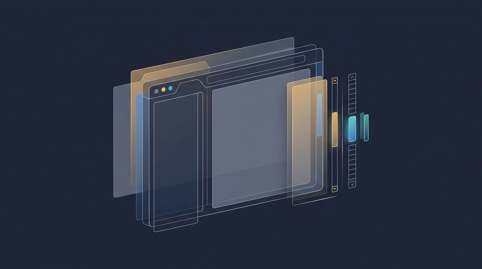 Flat editorial illustration showing wireframe bricks and translucent layer panels assembling into a small browser window outline with dual panes.