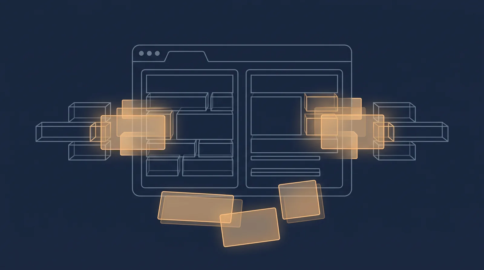 Flat editorial illustration showing wireframe bricks and translucent layer panels assembling into a small browser window outline with dual panes.
