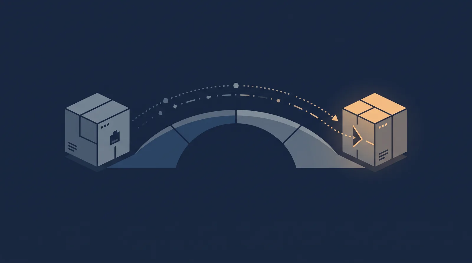 Flat editorial illustration showing two data boxes crossing a bridge with a dotted orbit trail between them, one box accepting the transfer.