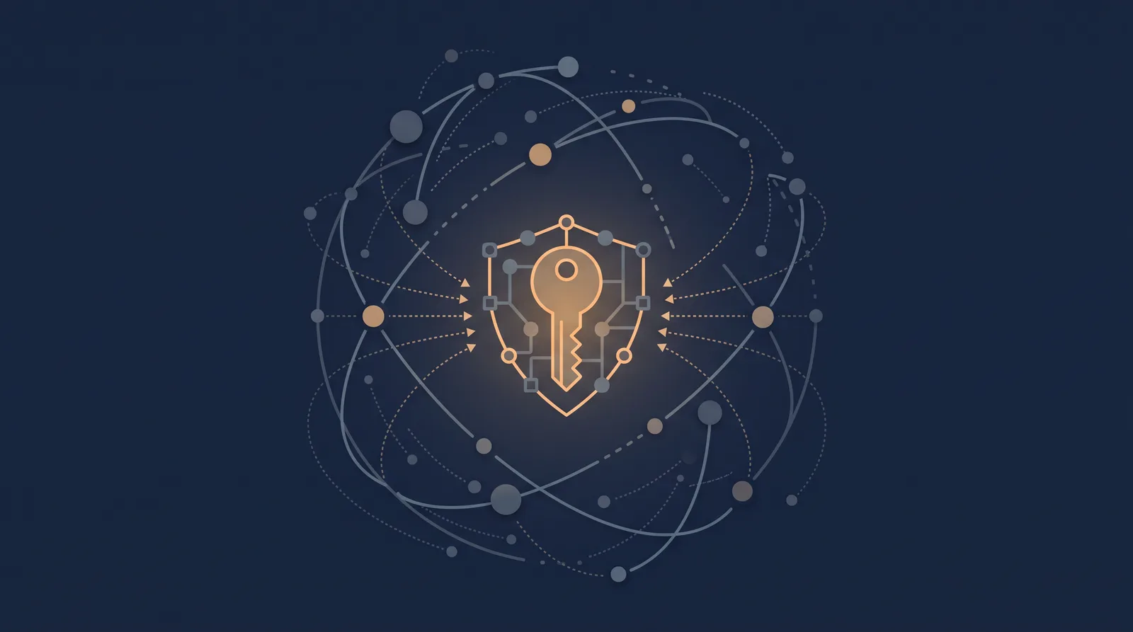 Flat editorial illustration showing a globe of orbiting nodes resolving into a key and shield form, dotted resolution paths converging.
