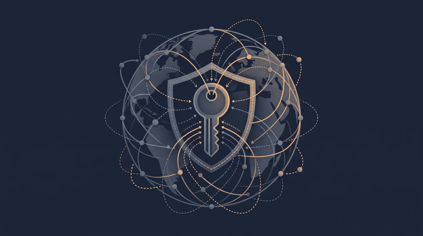Flat editorial illustration showing a globe of orbiting nodes resolving into a key and shield form, dotted resolution paths converging.