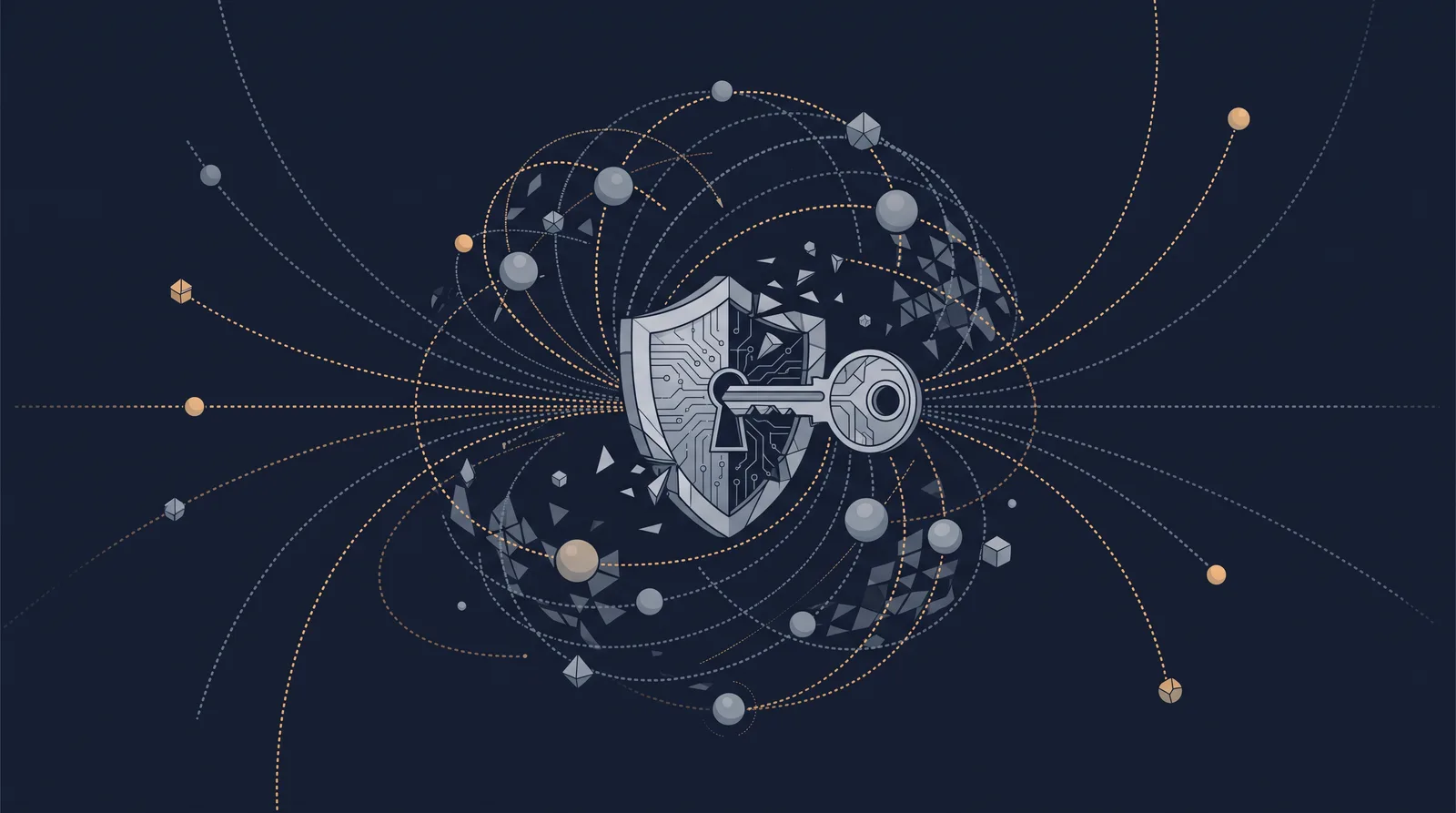 Editorial close-up illustration showing a globe of orbiting nodes resolving into a key and shield form, dotted resolution paths converging.