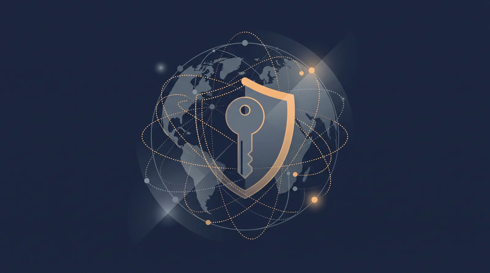 Flat editorial illustration showing a globe of orbiting nodes resolving into a key and shield form, dotted resolution paths converging.