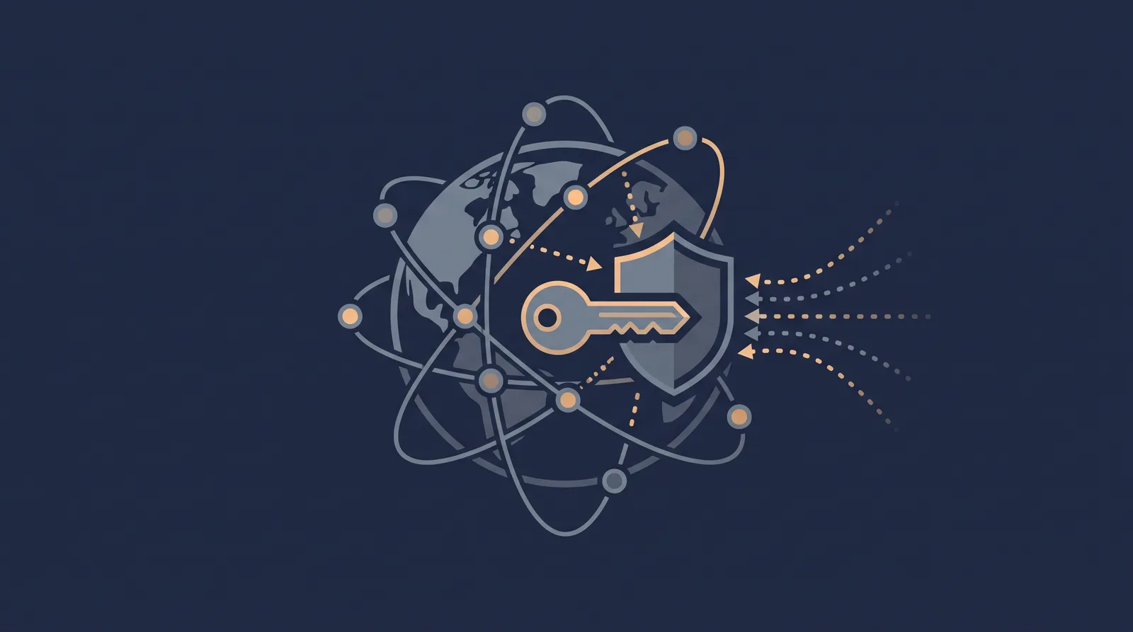 Flat editorial illustration showing a globe of orbiting nodes resolving into a key and shield form, dotted resolution paths converging.