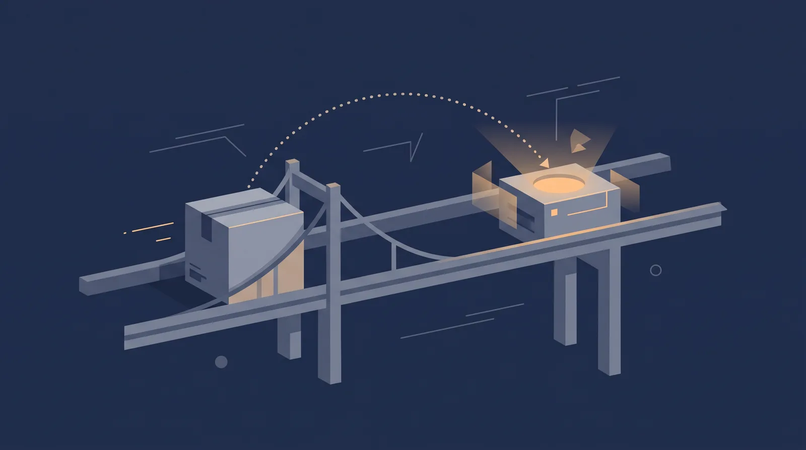 Flat editorial illustration showing two data boxes crossing a bridge with a dotted orbit trail between them, one box accepting the transfer.