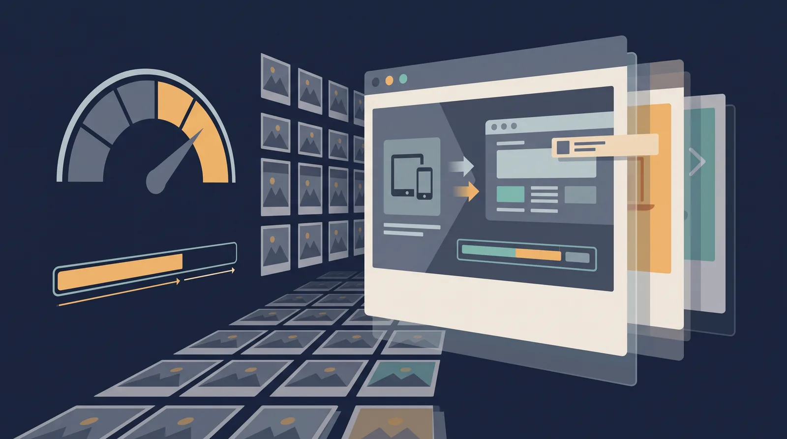 Flat editorial illustration showing layered photo frames with a visible file-size meter and a compression bar, grid of thumbnails receding.