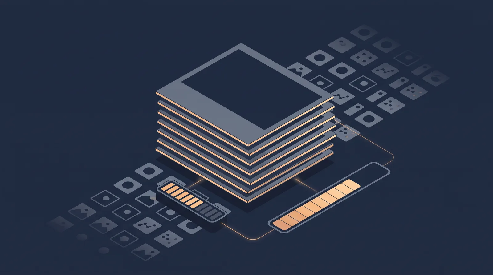 Editorial close-up illustration showing layered photo frames with a visible file-size meter and a compression bar, grid of thumbnails receding.