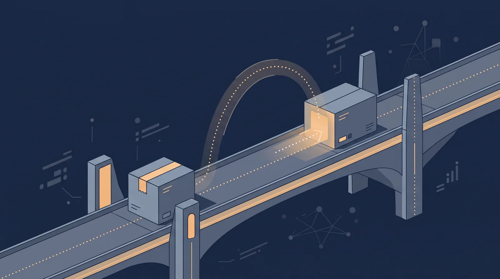 Flat editorial illustration showing two data boxes crossing a bridge with a dotted orbit trail between them, one box accepting the transfer.