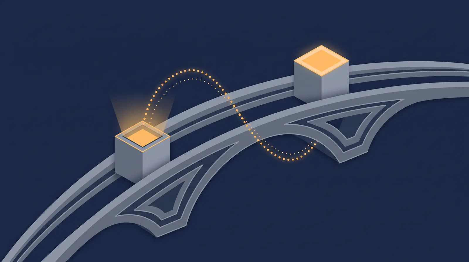 Editorial close-up illustration showing two data boxes crossing a bridge with a dotted orbit trail between them, one box accepting the transfer.