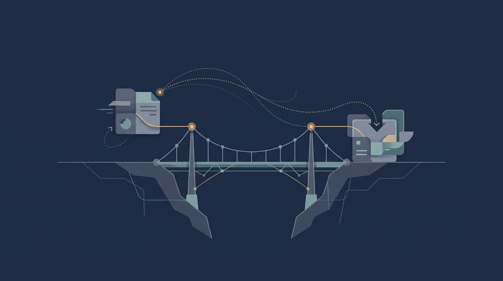 Flat editorial illustration showing two data boxes crossing a bridge with a dotted orbit trail between them, one box accepting the transfer.
