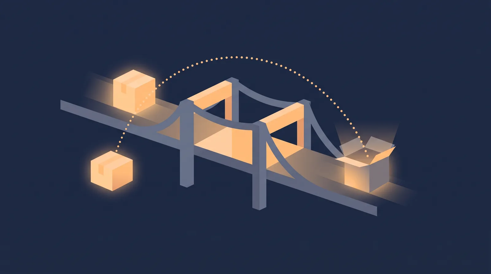 Editorial close-up illustration showing two data boxes crossing a bridge with a dotted orbit trail between them, one box accepting the transfer.