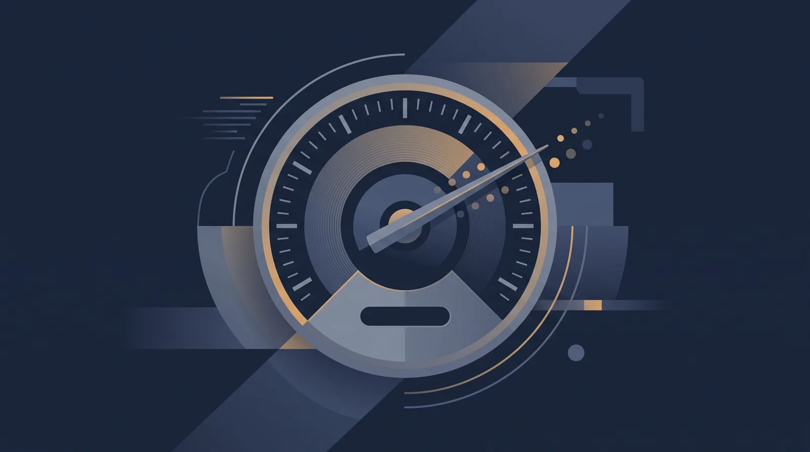 Flat editorial illustration showing a speedometer gauge with a rising needle, clean tick marks and small trailing dots.
