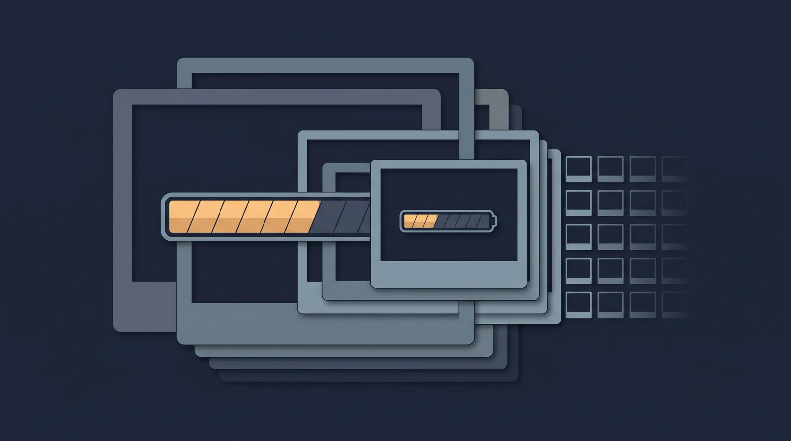 Flat editorial illustration showing layered photo frames with a visible file-size meter and a compression bar, grid of thumbnails receding.