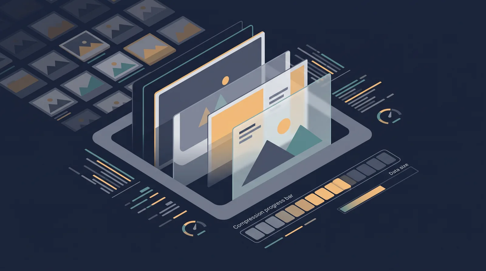 Editorial close-up illustration showing layered photo frames with a visible file-size meter and a compression bar, grid of thumbnails receding.