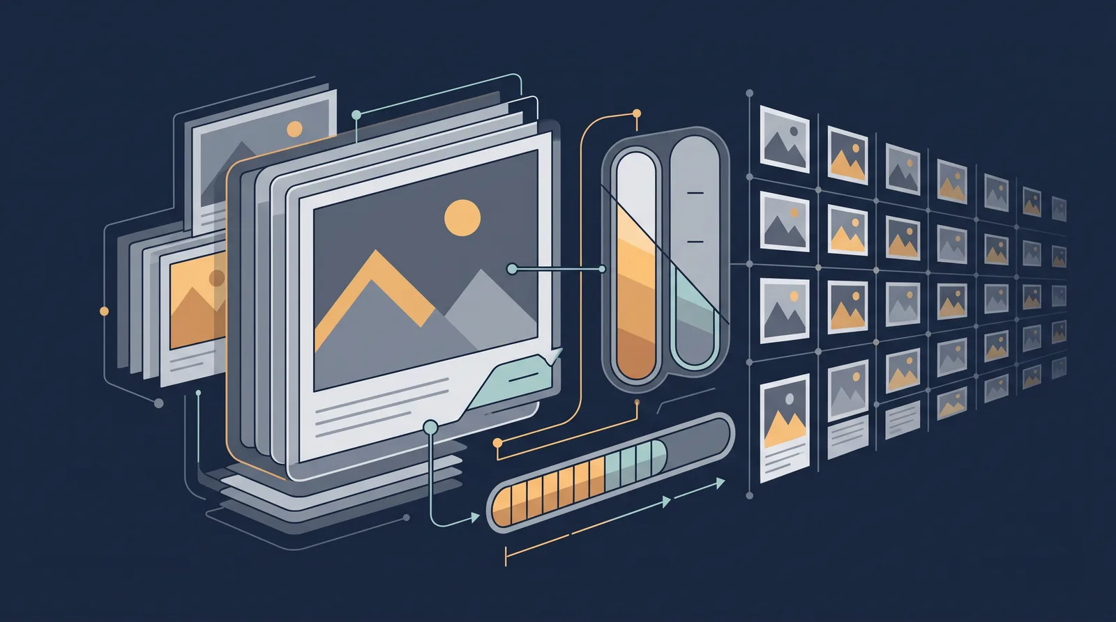 Flat editorial illustration showing layered photo frames with a visible file-size meter and a compression bar, grid of thumbnails receding.
