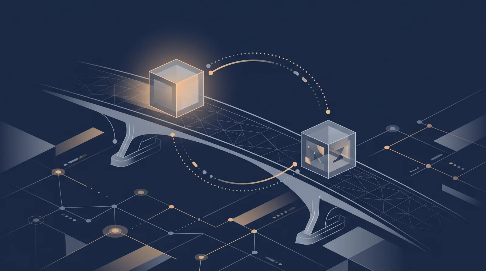 Flat editorial illustration showing two data boxes crossing a bridge with a dotted orbit trail between them, one box accepting the transfer.