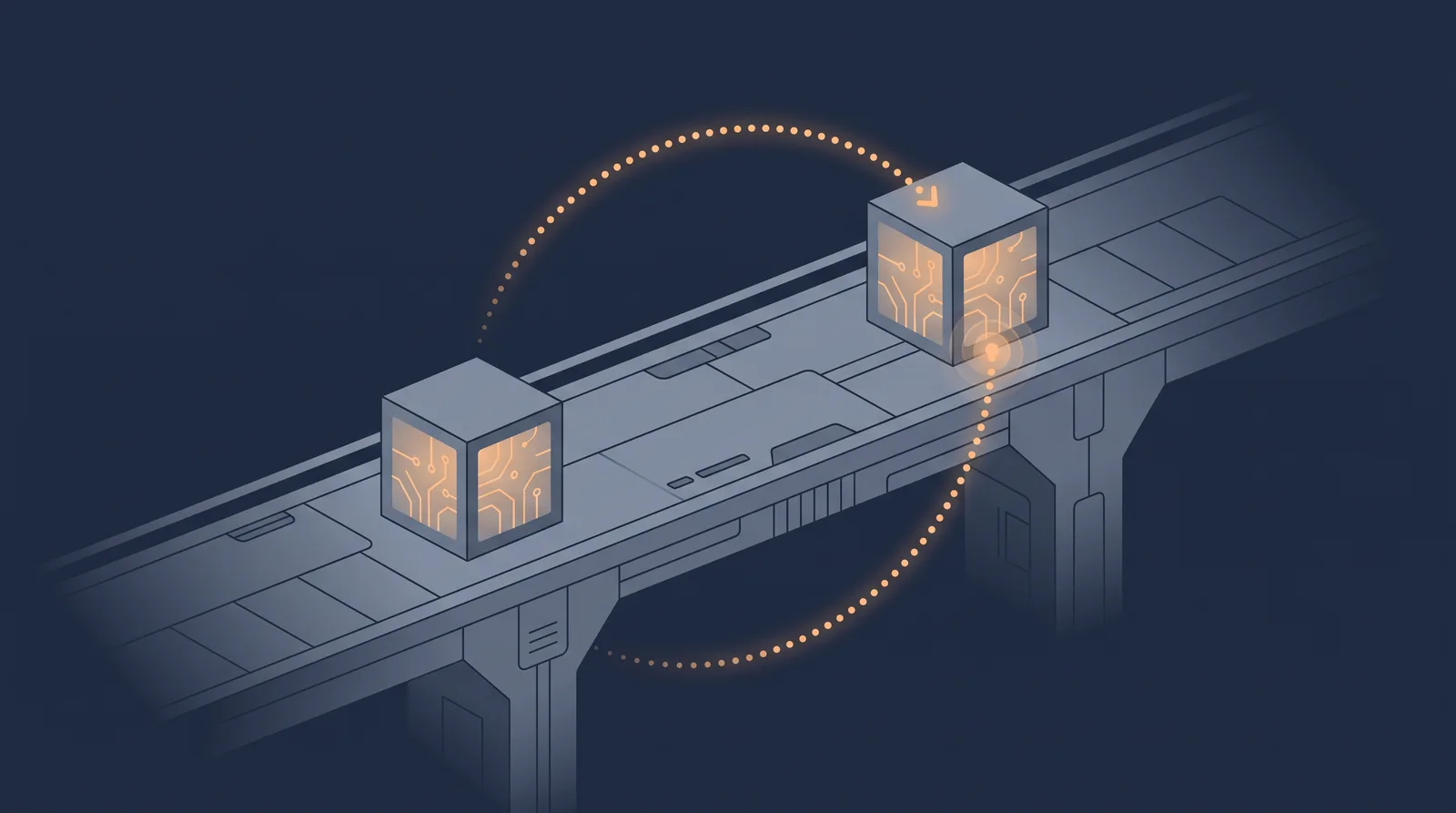 Editorial close-up illustration showing two data boxes crossing a bridge with a dotted orbit trail between them, one box accepting the transfer.
