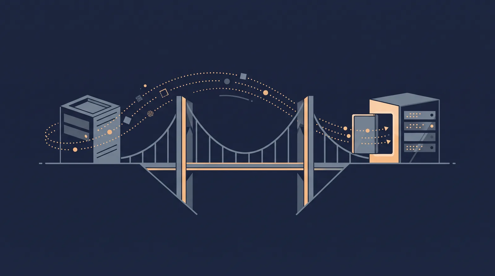 Flat editorial illustration showing two data boxes crossing a bridge with a dotted orbit trail between them, one box accepting the transfer.