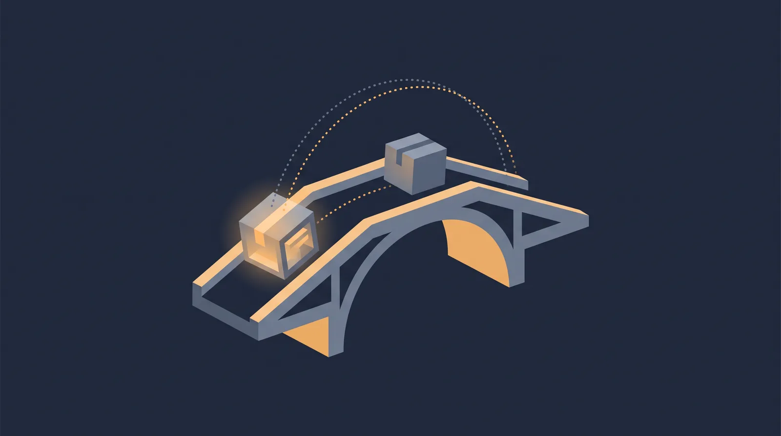 Editorial close-up illustration showing two data boxes crossing a bridge with a dotted orbit trail between them, one box accepting the transfer.