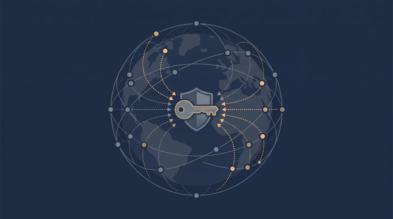 Flat editorial illustration showing a globe of orbiting nodes resolving into a key and shield form, dotted resolution paths converging.