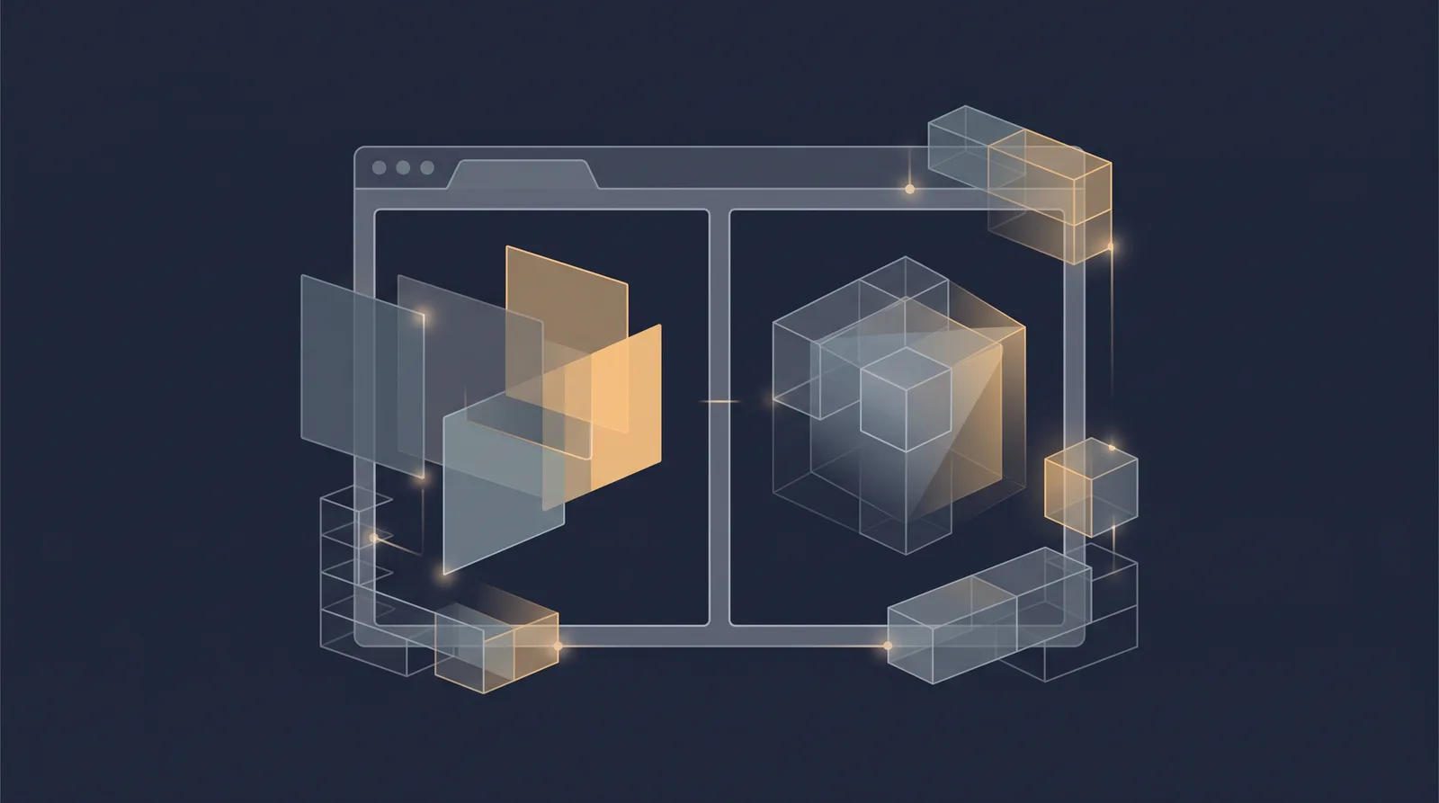 Flat editorial illustration showing wireframe bricks and translucent layer panels assembling into a small browser window outline with dual panes.