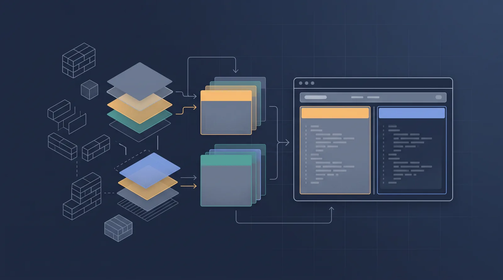 Flat editorial illustration showing wireframe bricks and translucent layer panels assembling into a small browser window outline with dual panes.