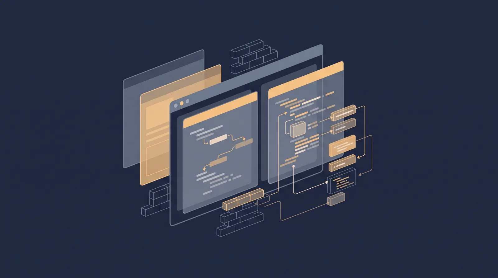 Flat editorial illustration showing wireframe bricks and translucent layer panels assembling into a small browser window outline with dual panes.