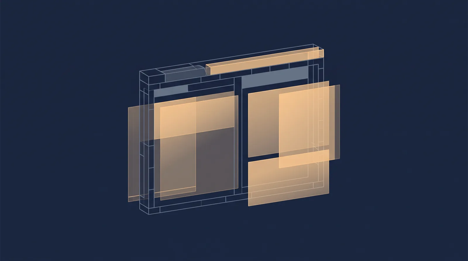 Editorial close-up illustration showing wireframe bricks and translucent layer panels assembling into a small browser window outline with dual panes.