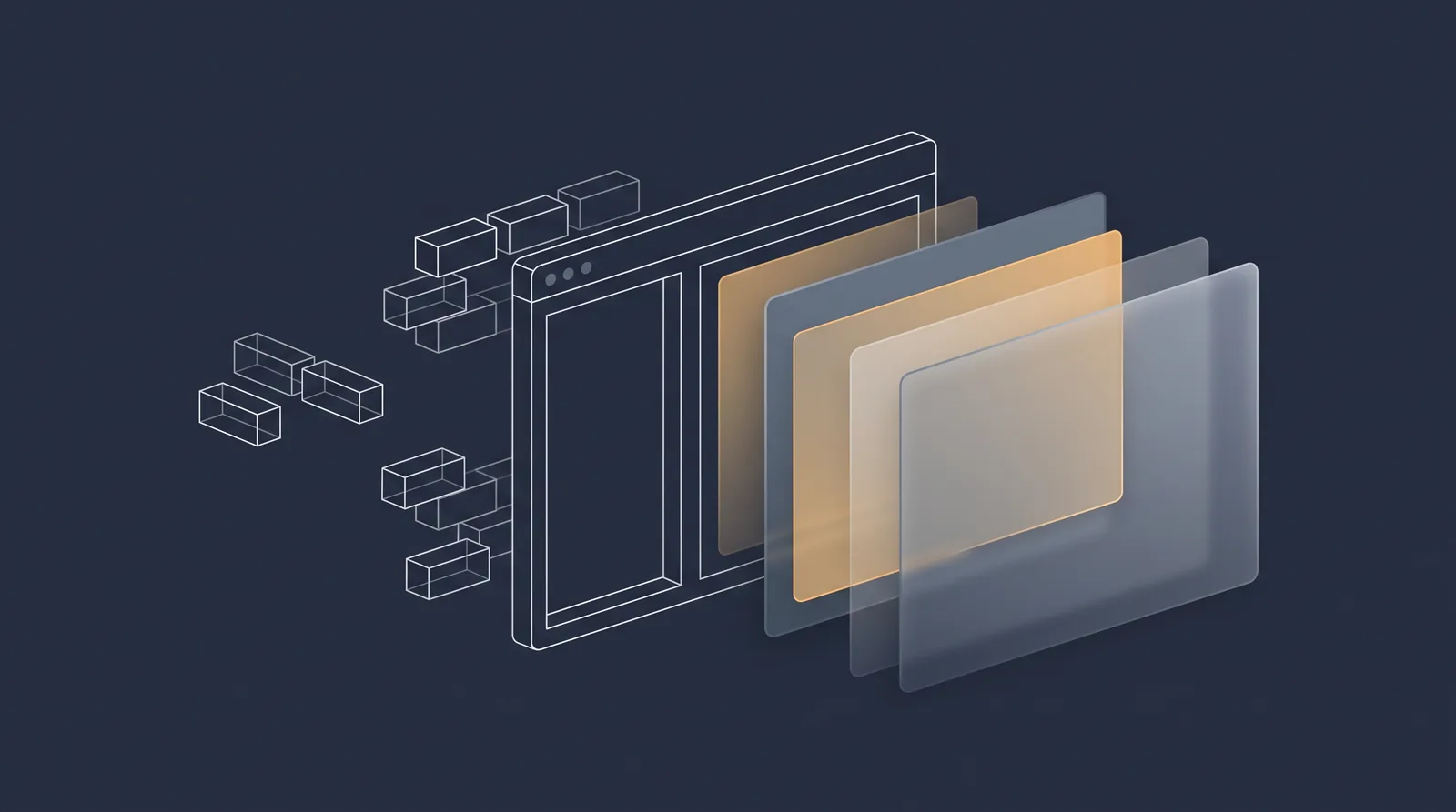 Flat editorial illustration showing wireframe bricks and translucent layer panels assembling into a small browser window outline with dual panes.