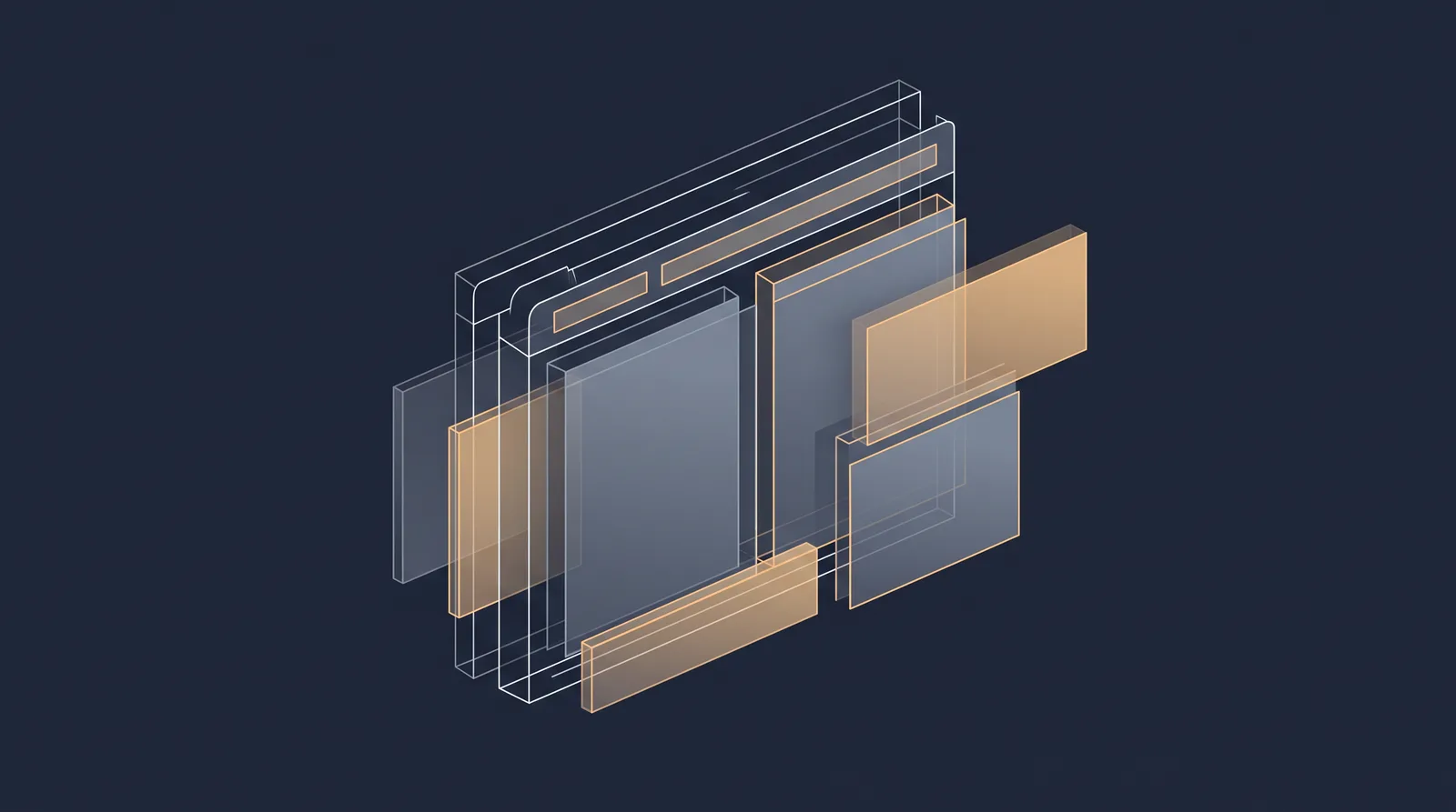 Editorial close-up illustration showing wireframe bricks and translucent layer panels assembling into a small browser window outline with dual panes.