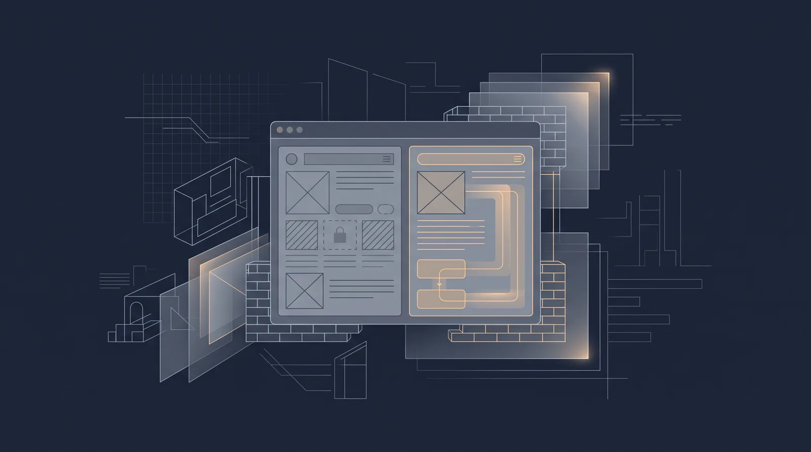 Flat editorial illustration showing wireframe bricks and translucent layer panels assembling into a small browser window outline with dual panes.
