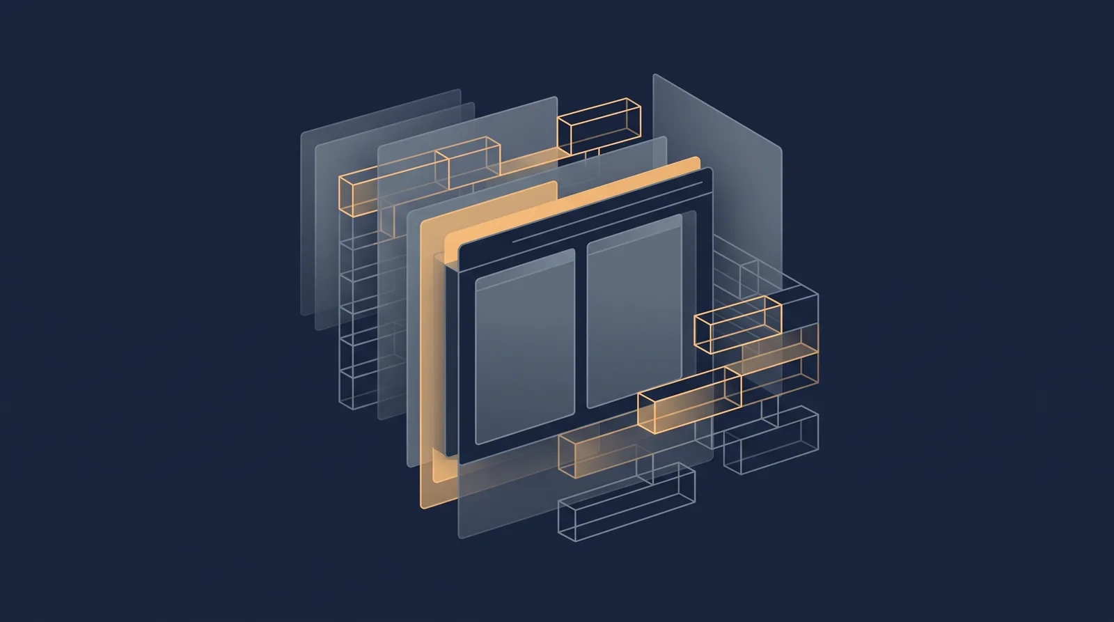 Editorial close-up illustration showing wireframe bricks and translucent layer panels assembling into a small browser window outline with dual panes.