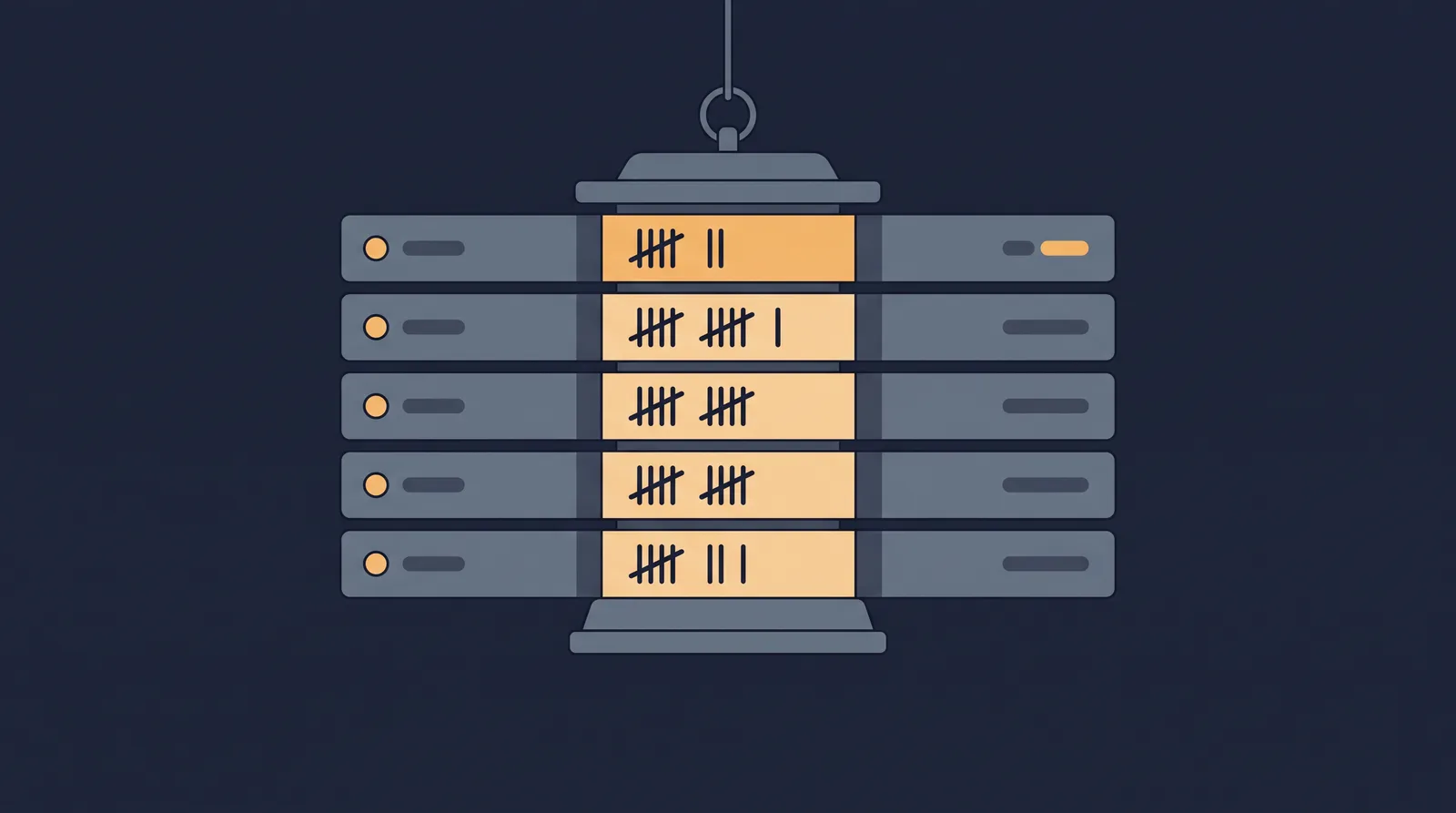 Flat editorial illustration showing a lantern-style status readout with a neat row of stacked directory rails, each rail marked with an abstract tally.