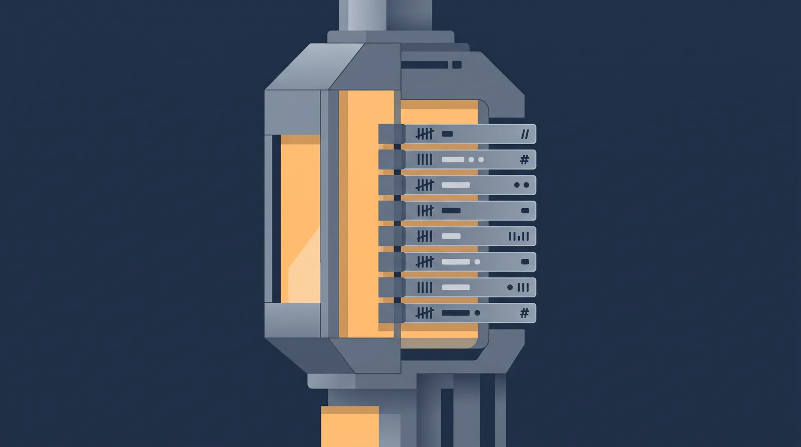Editorial close-up illustration showing a lantern-style status readout with a neat row of stacked directory rails, each rail marked with an abstract tally.