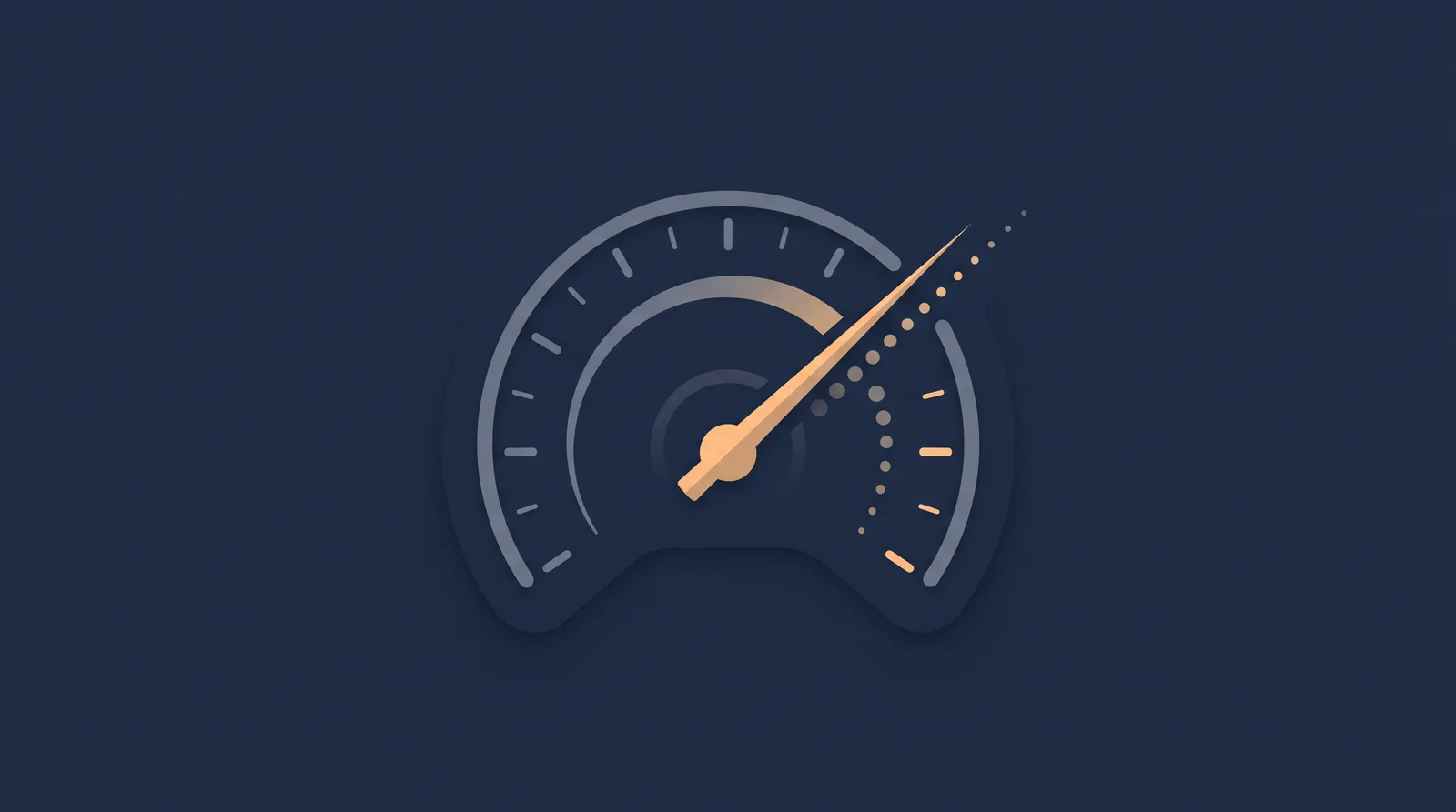 Flat editorial illustration showing a speedometer gauge with a rising needle, clean tick marks and small trailing dots.