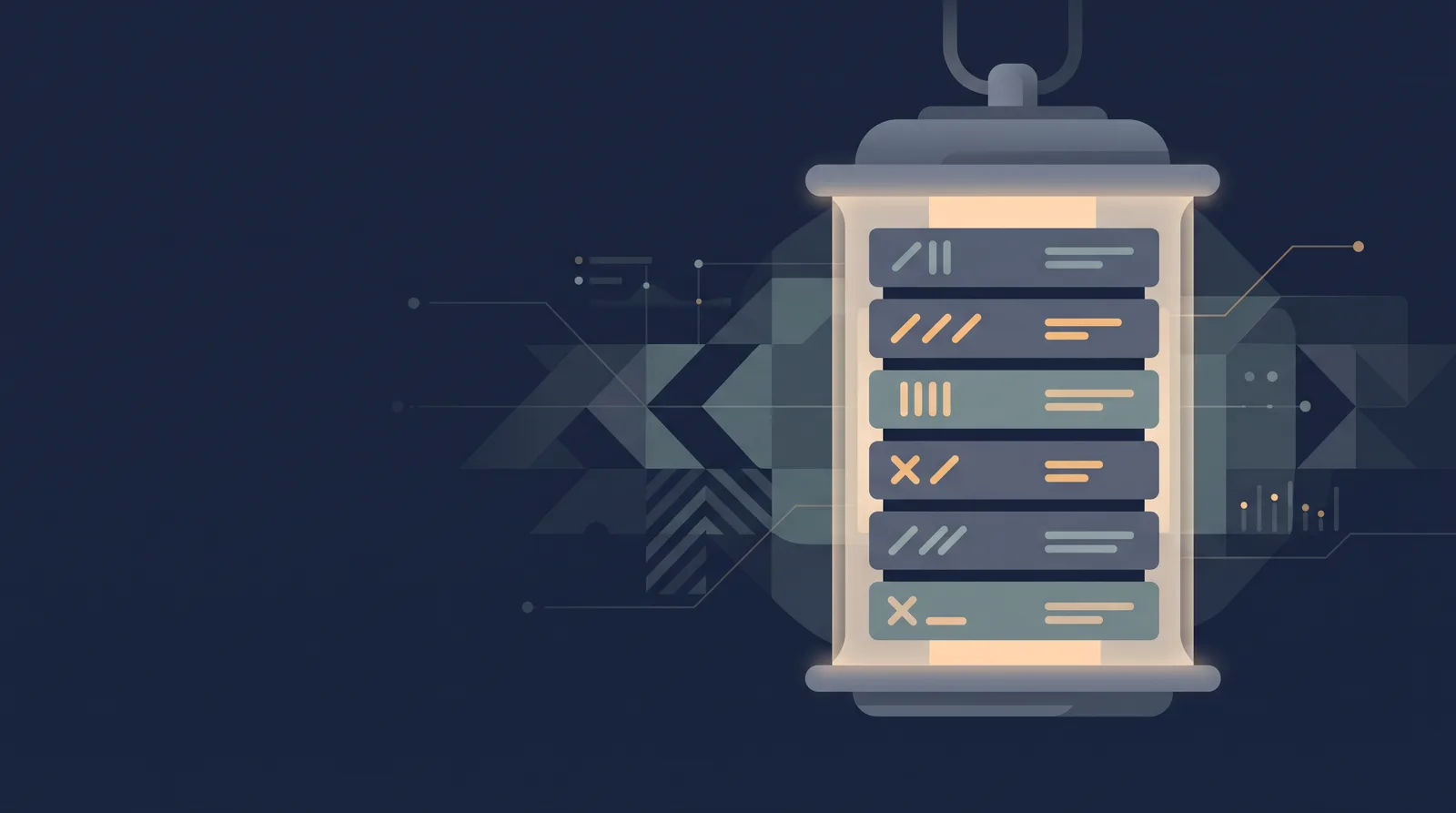 Flat editorial illustration showing a lantern-style status readout with a neat row of stacked directory rails, each rail marked with an abstract tally.