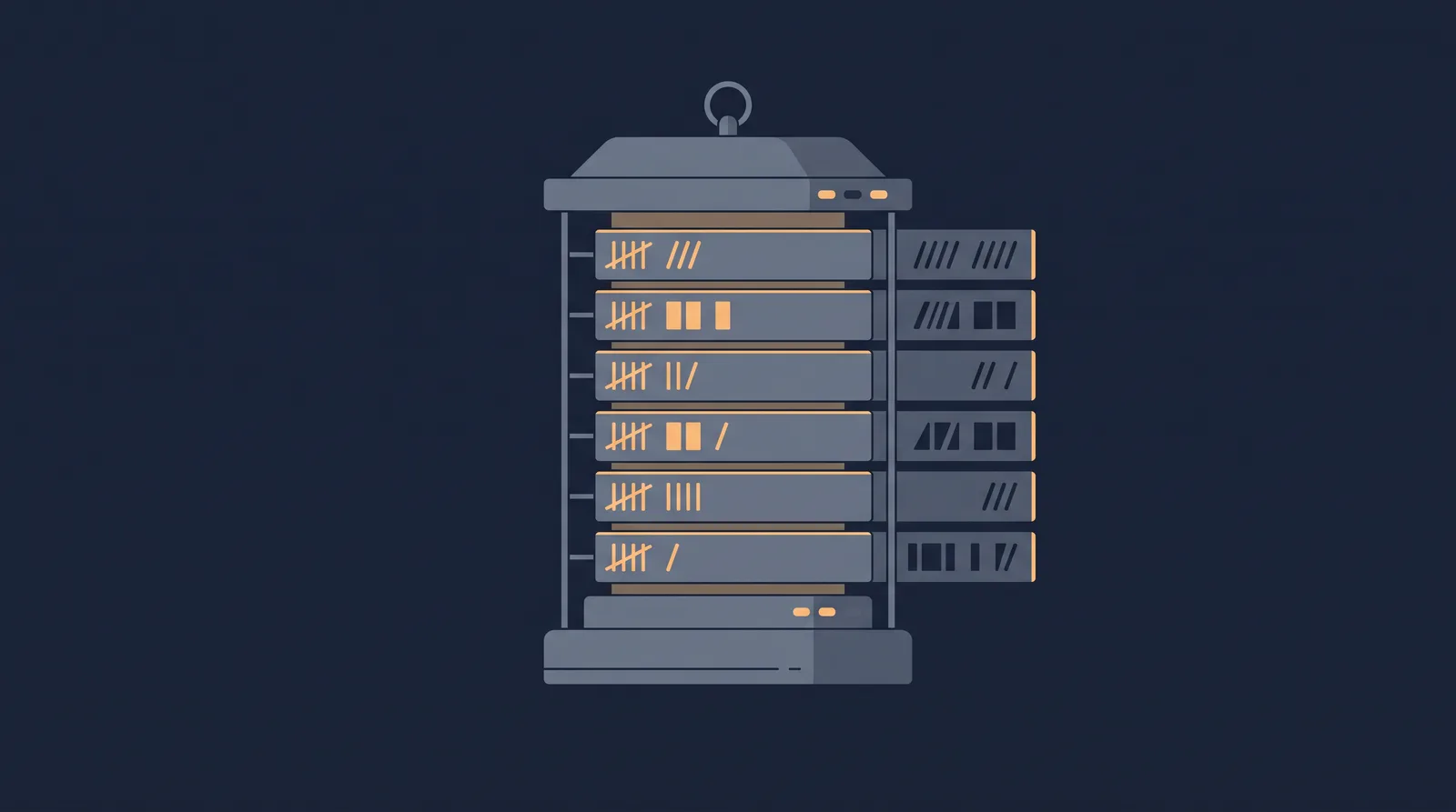 Flat editorial illustration showing a lantern-style status readout with a neat row of stacked directory rails, each rail marked with an abstract tally.