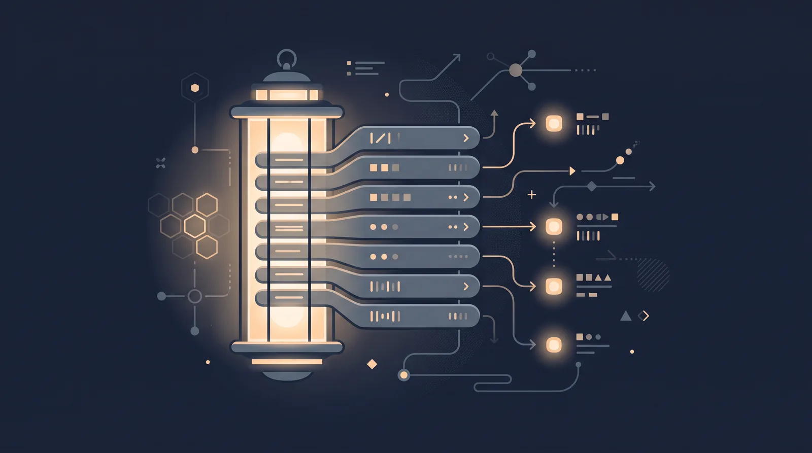 Flat editorial illustration showing a lantern-style status readout with a neat row of stacked directory rails, each rail marked with an abstract tally.