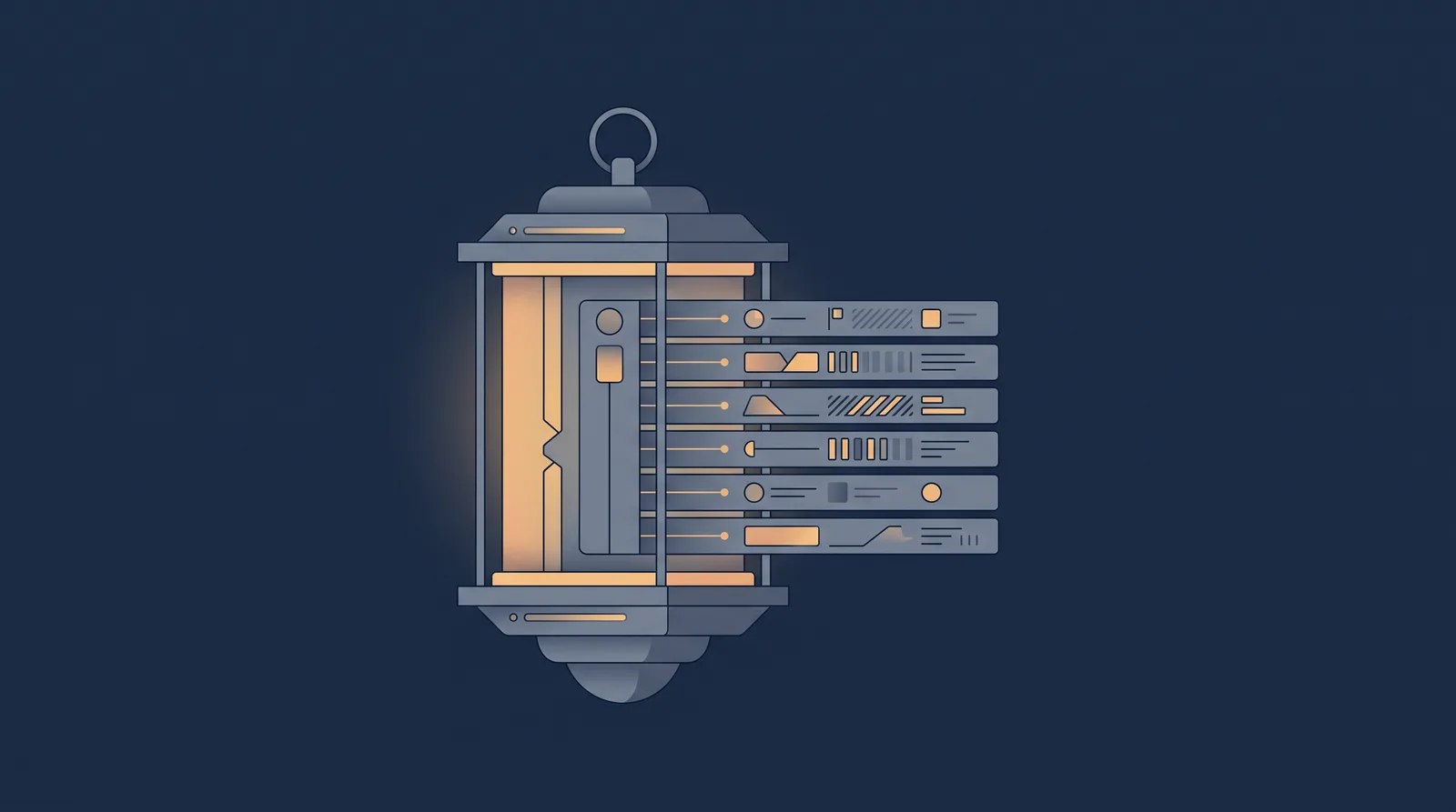Flat editorial illustration showing a lantern-style status readout with a neat row of stacked directory rails, each rail marked with an abstract tally.