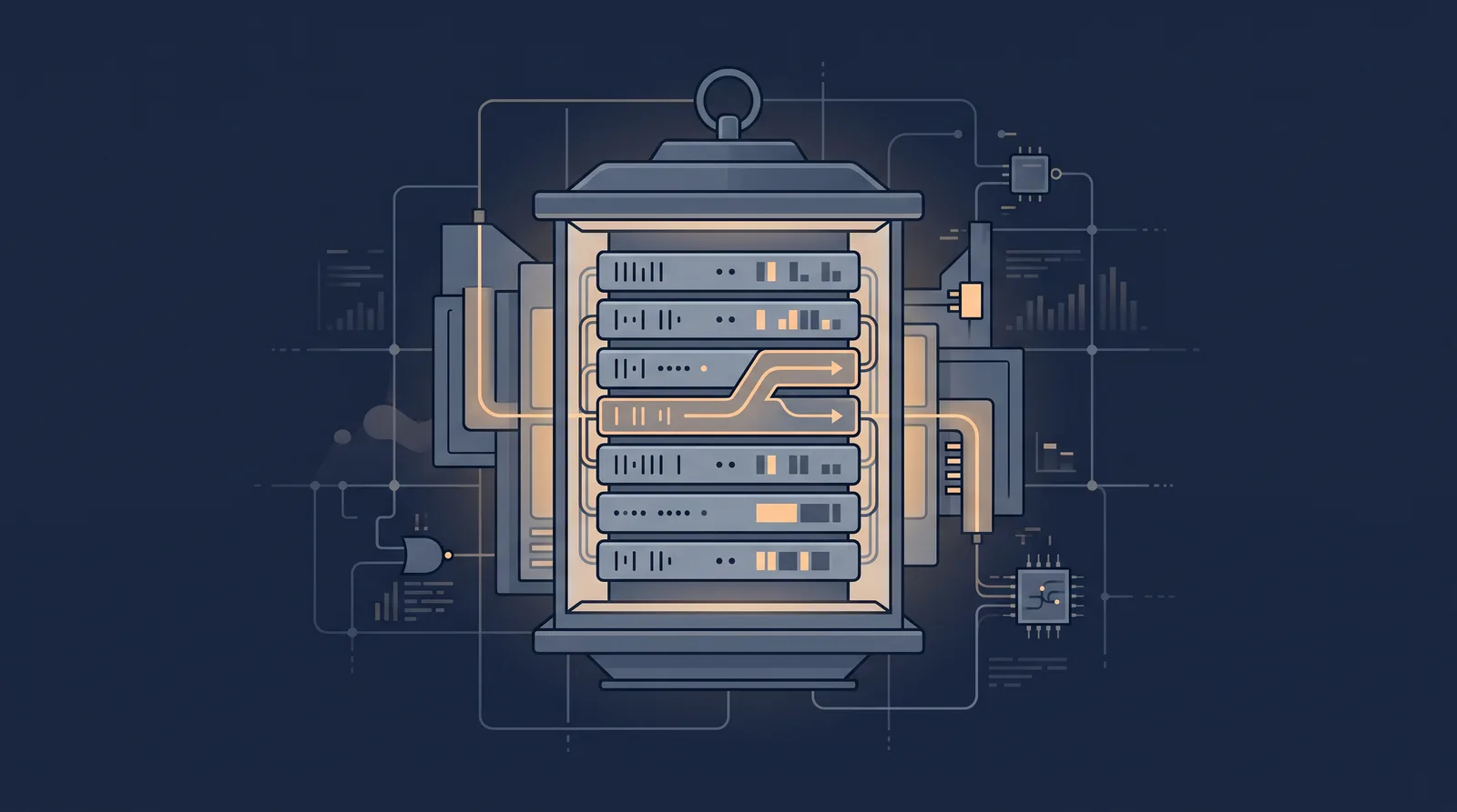 Flat editorial illustration showing a lantern-style status readout with a neat row of stacked directory rails, each rail marked with an abstract tally.