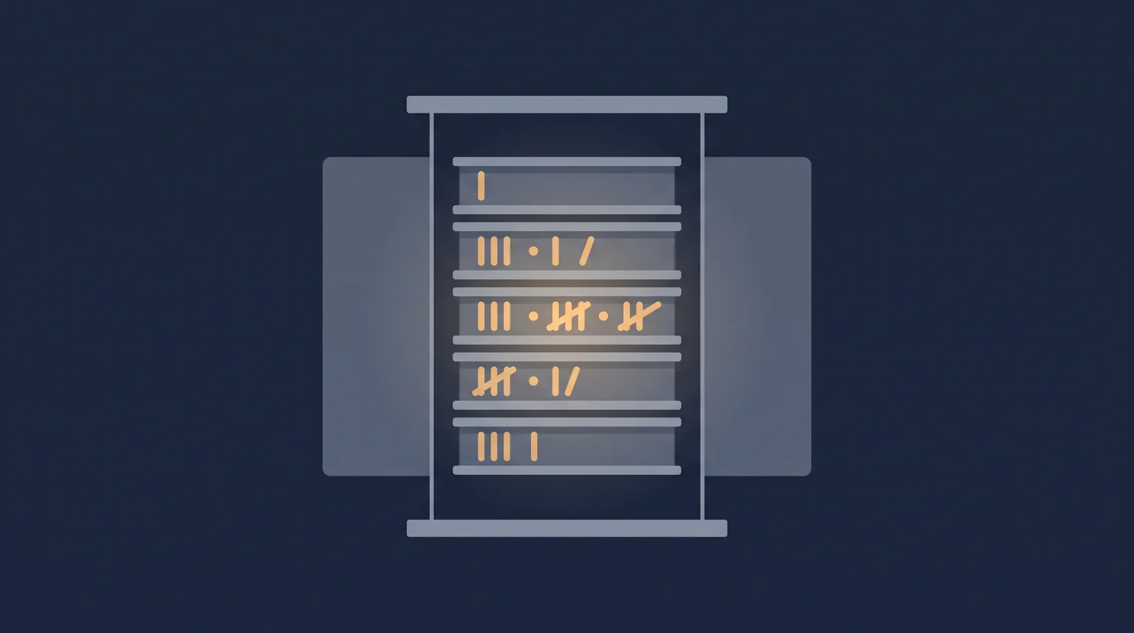 Flat editorial illustration showing a lantern-style status readout with a neat row of stacked directory rails, each rail marked with an abstract tally.