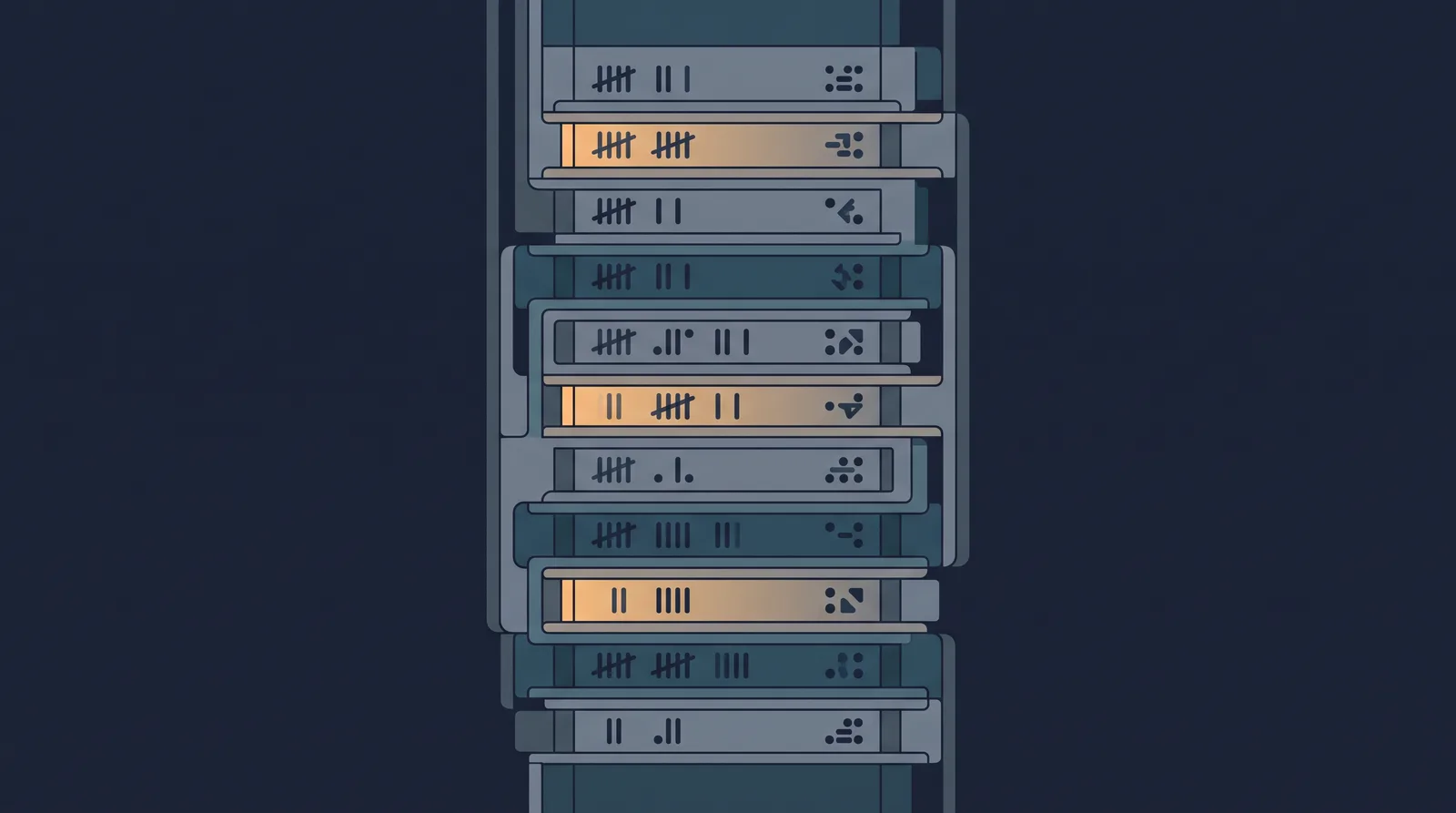 Editorial close-up illustration showing a lantern-style status readout with a neat row of stacked directory rails, each rail marked with an abstract tally.
