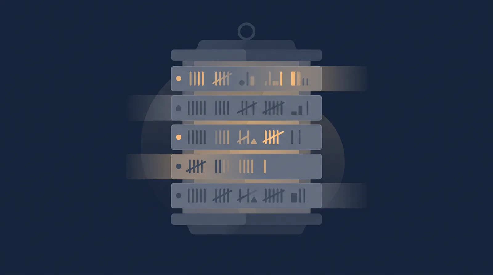 Flat editorial illustration showing a lantern-style status readout with a neat row of stacked directory rails, each rail marked with an abstract tally.